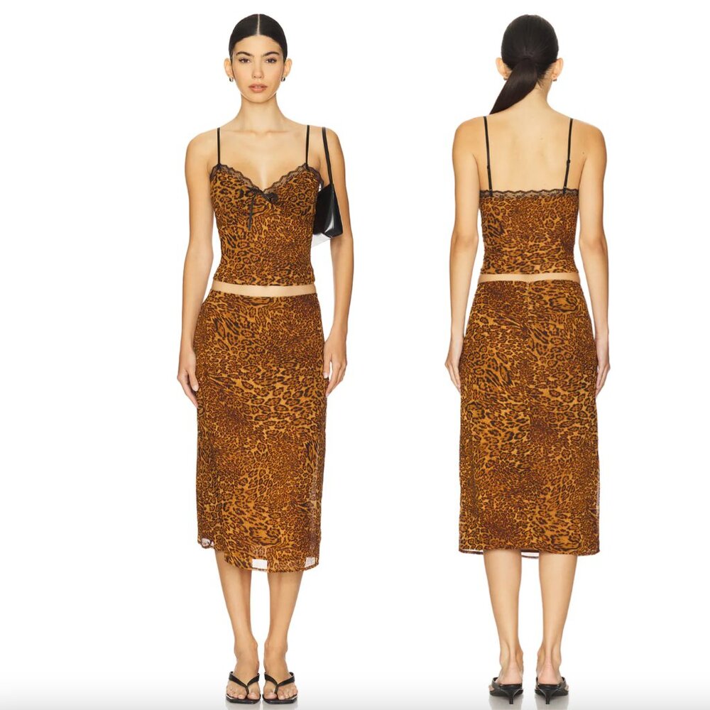 NEW superdown Duchis Midi SKIRT SET in Leopard Cheetah Print Tank Top Cami